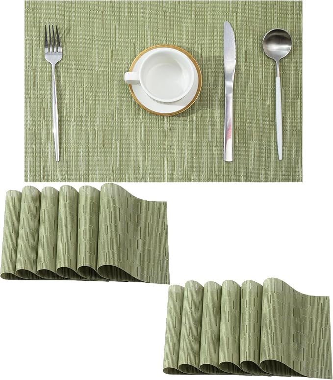 Leetaltree Pea Green Placemats Set of 12 - Heat Resistant Non-Slip Place mats for Dining Table, Washable Durable PVC Vinyl Woven Table Mats（Pea Green, 12） by Leetaltree-ArtatEveryTable