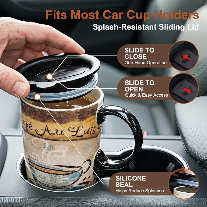 Topadorn 17oz Ceramic Travel Mug with Lid, French Café Coffee Mug with Handle, Vintage Latte Cup for Coffee Tea Cocoa, Microwave & Dishwasher Safe, Gift Box Included - Image 3