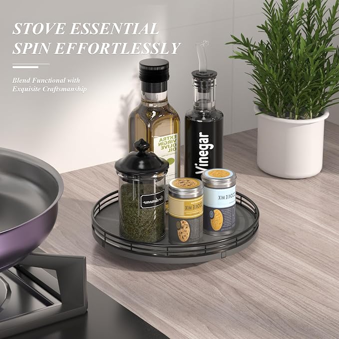 AMH10-Inch Natural Slate Lazy Susan with Black Raised Iron Rim | Smooth rotating oak tray with walnut finish for dining tables, kitchen counters, pantries and cabinet storage. - Image 6