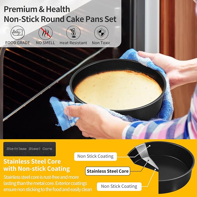 P&P CHEF 6 Inch Cake Pan Set of 3, Non-Stick Round Cake Pans | Round Cake Tins for Tier Smash Cakes, Baking Pans Set & Essential Bakeware, Stainless Steel Core & Leak-Proof - Image 5