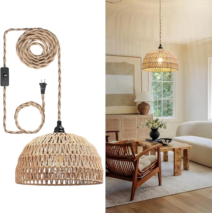 Rattan Hanging Lamp,Boho Pendant Lights,Plug in Cord Hanging Rattan Light,Plug Into Wall Outlet Pendant Light Fixture On/Off Switch for Living,Dinner Room,Bedroom,Kitchen,for E26,without Bulb by DgroositonDirect