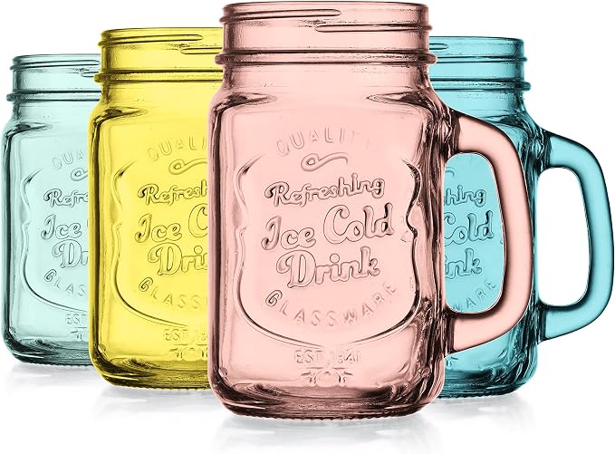 Glaver's Mason Jar Drinking Glasses Set Of 4, 15 oz. Colored Mugs With Embossed Ice-Cold Drinkware Logo, Glass Mason Jar Mug With Handle. For Smoothies, Cocktails, Beverages. Hand Wash by Glavers