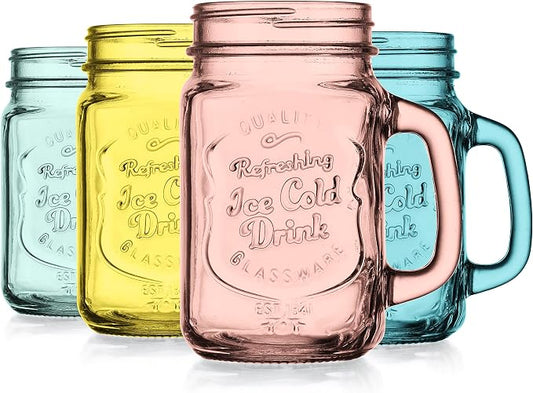 Glaver's Mason Jar Drinking Glasses Set Of 4, 15 oz. Colored Mugs With Embossed Ice-Cold Drinkware Logo, Glass Mason Jar Mug With Handle. For Smoothies, Cocktails, Beverages. Hand Wash by Glavers
