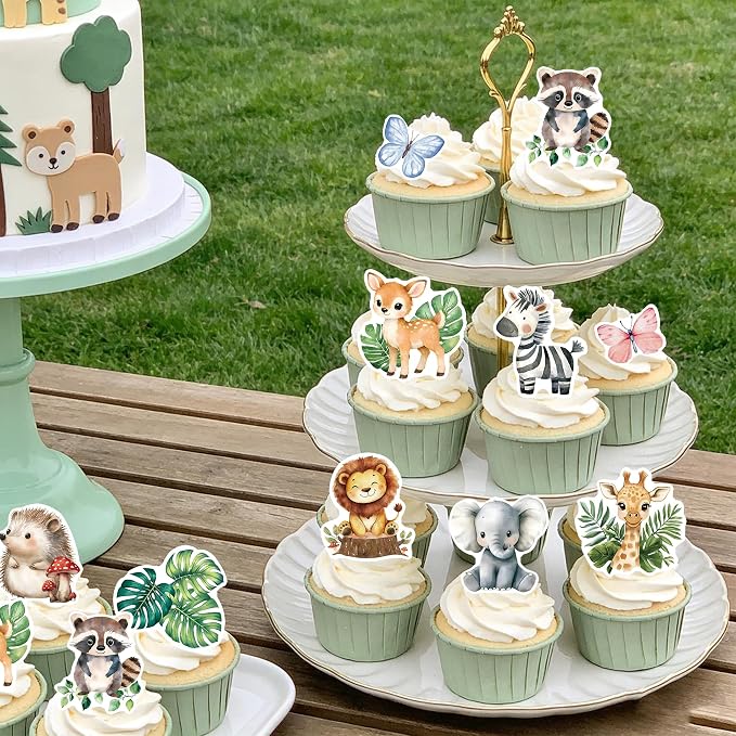 60Pcs Edible Jungle Safari Animal Cupcake Toppers Wafer Paper Green Leaf Woodland Animal Cupcake Kids Baby Shower Birthday Party Decoration Supplies - Image 4