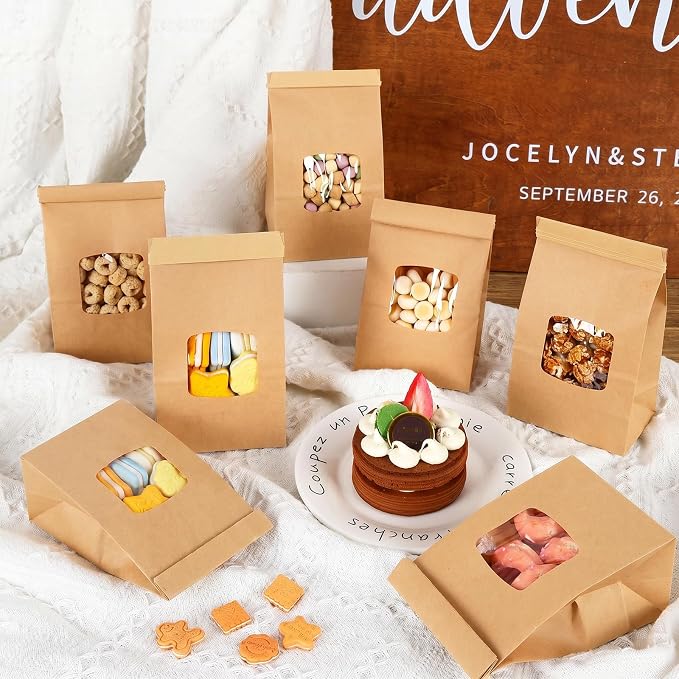 Moretoes 100pcs Small Bakery Cookie Bags with Seal,3.5x2.2x6.7In Treat Bags | Brown Kraft Paper Treat Bag with Window Seal by Tin Tie Tab for Homemade Bread Cookie Pastry Treat Bakery Gift Giving Packing - Image 5