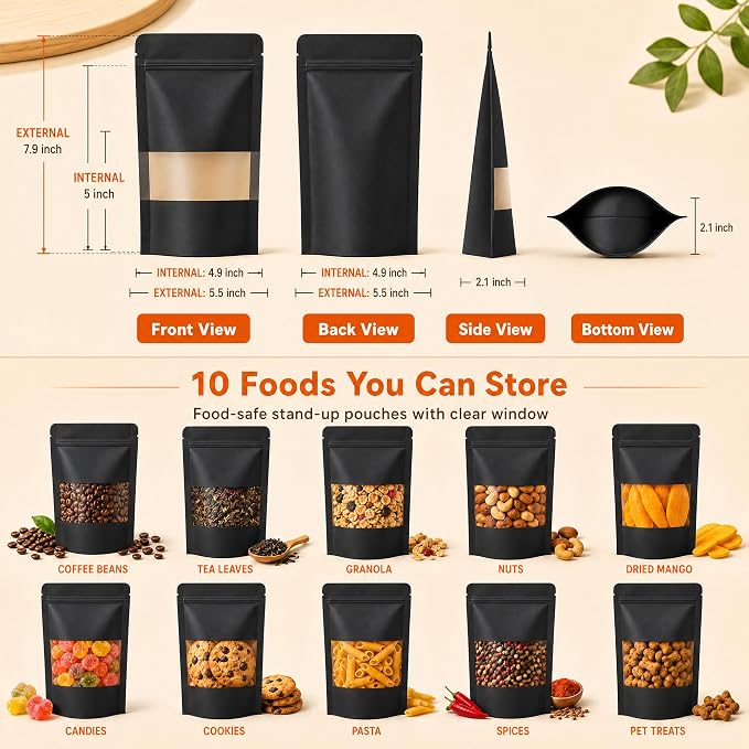 100 Pcs Black Kraft Paper Bags with Window, 5.5" x 7.9" Stand Up Pouches Bags, Food Storage Bags for Packaging Products, Reusable, Sealable - Image 3