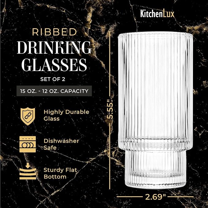 Kitchen Lux Ribbed Drinking Glasses - Ribbed Glass Cups 12 oz - Ribbed Glassware Set of 12 - Textured Vintage Retro Ripple Aesthetic Glass Ware for Whiskey Cocktail Beer Water, Coffee Bar Accessories - Image 2