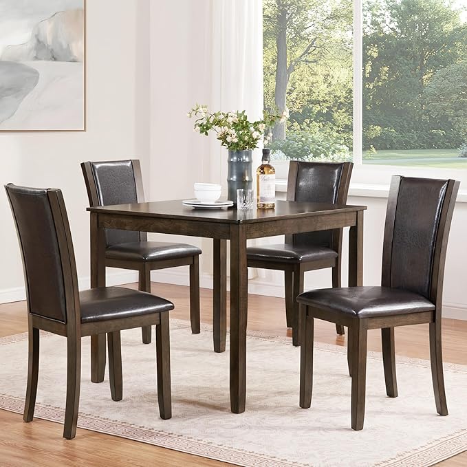 5-Piece Dining Table Set for 4, Kitchen Dining Table with 4 Soft Cushioned Solid Wood Chairs, Ideal for Home or Restaurant Use.(Dark Walnut_Small) by Augabam