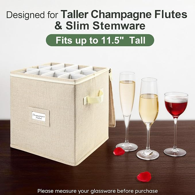 LotFancy Champagne Flute Storage Container for Moving, Hard Shell, Stackable 12" Tall Stemware Storage Box with Dividers & Handles, Wine Glass, Crystal Glassware, Drinkware Case, Beige - Image 8