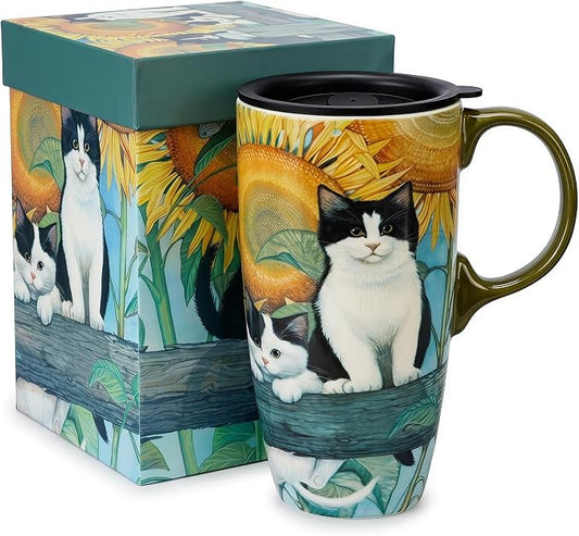 Topadorn 17oz Ceramic Travel Mug with Lid, Sunflower & Cat Coffee Mug | Coffee Mug with Handle, Cat & Sunflower Design, Spill-Resistant Lid, Microwave & Dishwasher Safe, Gift Box Included by Topadorn