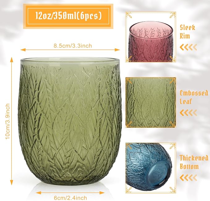 Topsky Vintage Colored Glassware Set of 6,12 oz Green Willow Leaf Drinking Glasses Set,Blue Drinkware Glasses for Wine,Cocktail,juice,Heavy Duty Glass Cups - Image 3