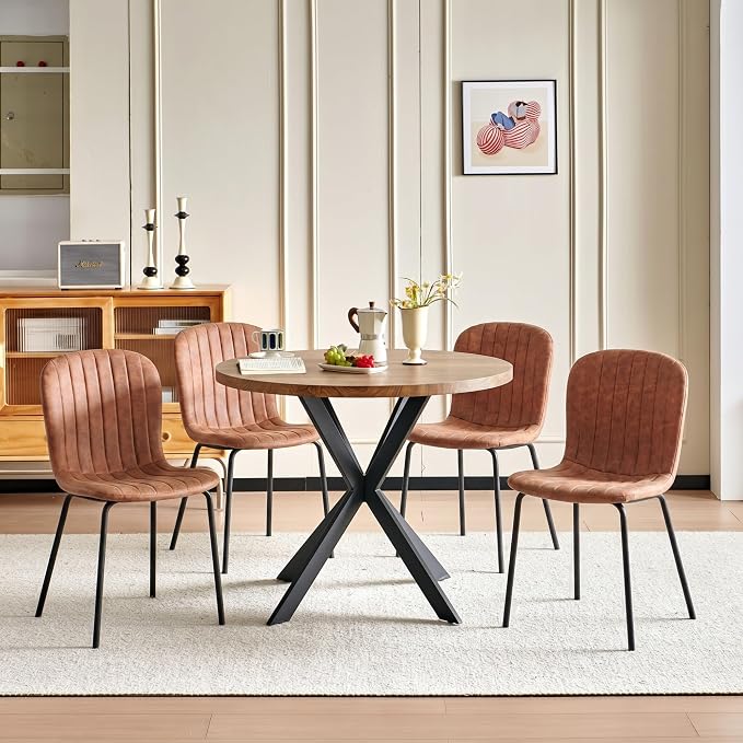 37 Inch Round Dining Table Set for 4, Modern Small Circle Kitchen Coffee Set for Apartment Living Room Office, Save Space(1 Imitation Wood Table + 4 Brown PU Leather Chairs) - Image 7