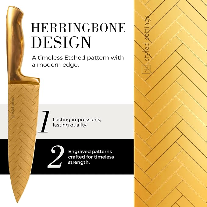 Styled Settings Gold Knife Set with Block and Sharpener, 14-Piece | Stainless Steel, Titanium Gold Knives with Pattern and Knife Block with Built-in Sharpener, Durable, Gold Kitchen Accessories - Image 2