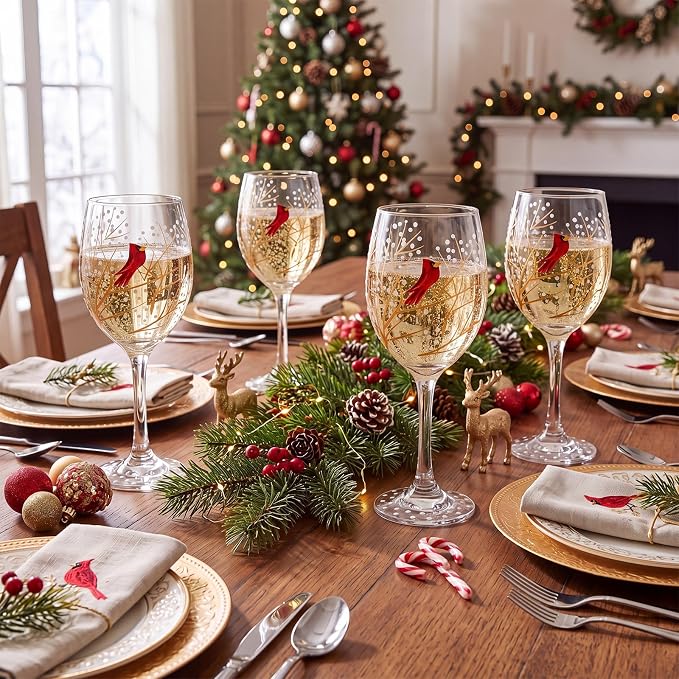 Yungyan Christmas Wine Glasses Set of 4 Hand Painted Cardinal Stemmed Goblets 15 oz Clear Glass Holiday Drinkware for Winter Dinner Party Festive Table Decor and Elegant Hostess Gifting Glassware - Image 4