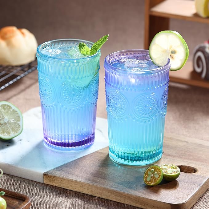 Loivttvv 6pcs Vintage Drinking Glasses Set, 12 oz Glass Cups, Embossed Ribbed Glassware Drinking Glasses for Cocktail, Water, Juice, Coffee, Whiskey by Loivttvv