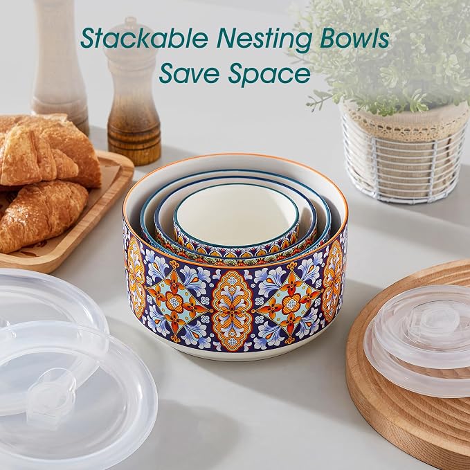 vancasso SIMI Serving Bowls with Lids, Ceramic Mixing Bowls Set of 4, Boho | Nesting Bowls for Food Storage, Prep, Stackable Bohemian Bowls, Dishwasher & Microwave Safe Gift Set, 60/36/20/10 OZ - Image 5