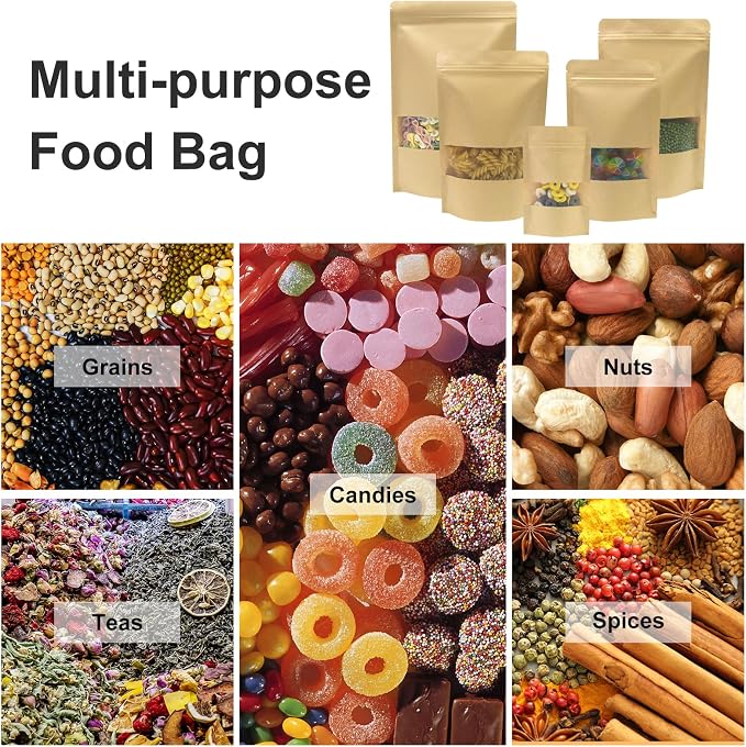 SumDirect Kraft Stand Up Pouches - 50Pcs Resealable Kraft Paper Stand Up Bags with Window, Zipper Food Storage Bags for Home or Business (50, 3.5x5.5inch) - Image 7
