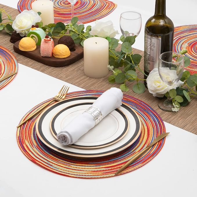 SHACOS Round Braided Placemats Set of 6 Table Mats Colorful Place Mats for Dining Tables Holiday Party Decor (Rainbow Red, 6) - Image 4