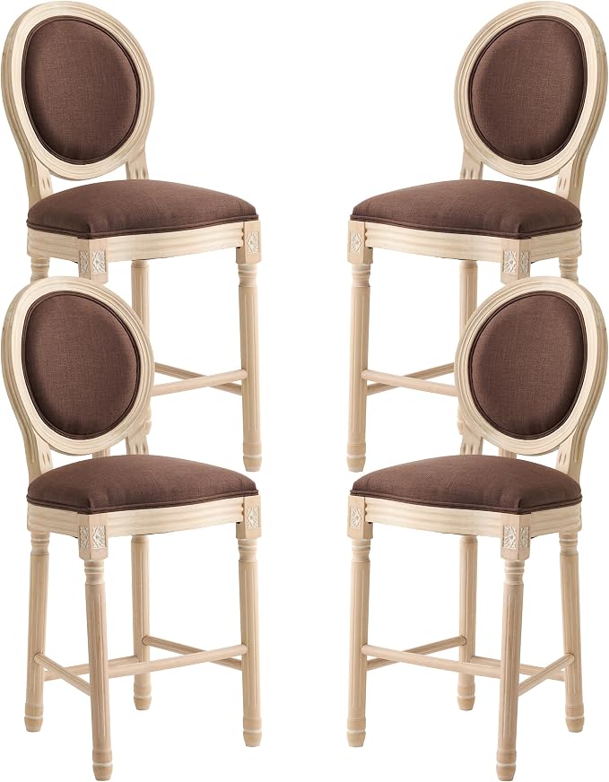 French Country Barstool, Linen Farmhouse Counter Height Chair | Set of 4, with Cushion Round Back and Solid Wood Legs, Oval Chairs for Restaurant, Bar, Kitchen, Café, Brown by RCDDFurniture