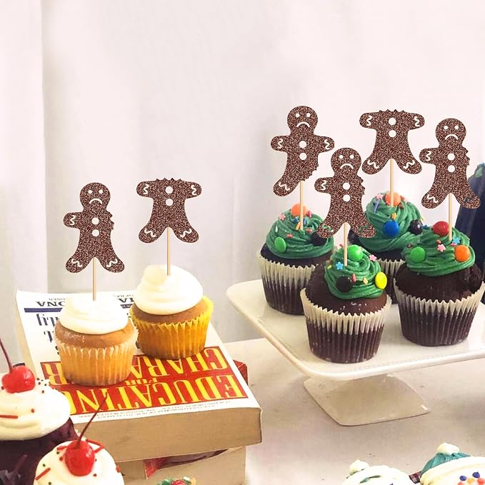 24Pcs Gingerbread Man Cupcake Toppers Holiday Party Cake Decorations Glitter Bitten Cookie Cupcake Picks Baby Shower Birthday Party Cupcake Toppings - Image 5