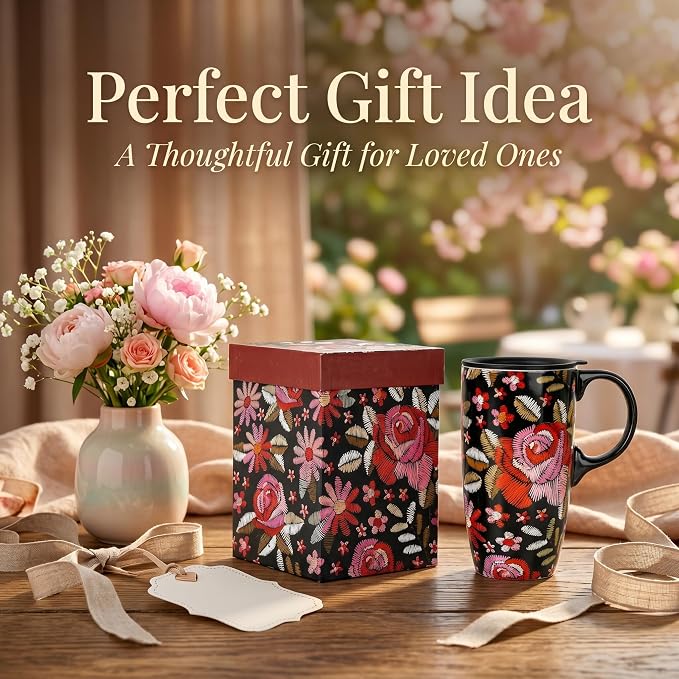 Topadorn Ceramic Travel Mug with Lid, 17oz Embroidered Floral Mug | 17oz Ceramic Travel Mug • Embroidered Floral Design • Coffee Mug with Lid • Microwave & Dishwasher Safe • Gift Box - Image 6