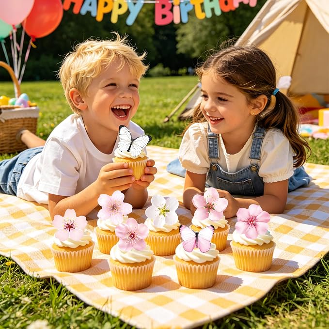72 PCS Edible Cherry Blossoms Butterfly Cupcake Toppers Wafer Paper Flowers Cake Decorations Ideal for Baby Shower Kids Birthday Party Decorations Edible Flowers Cake Decorations for Celebrations - Image 3
