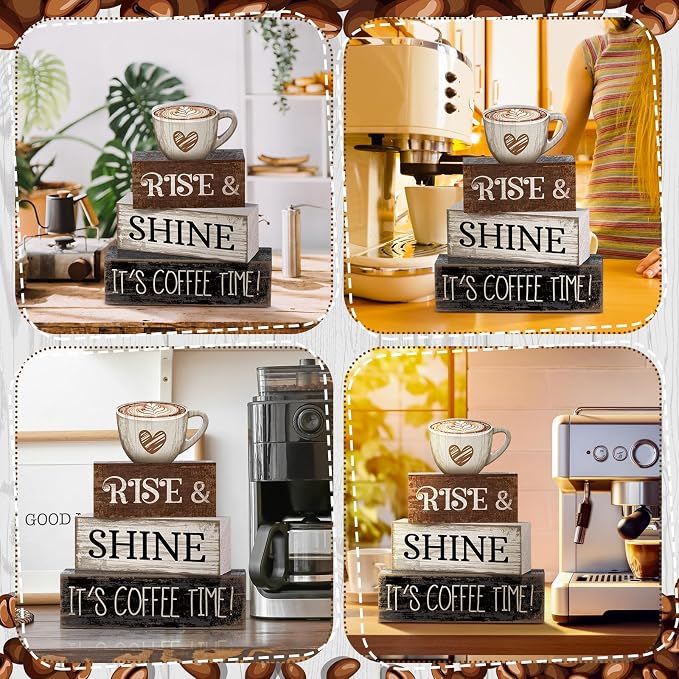 Moucuny 4 Pcs Farmhouse Coffee Bar Sign Decor Wooden Cup Rise & Shine It's Coffee Time Rustic Wood Cafe Sign Gift for Home Kitchen Tabletop Decor - Image 5