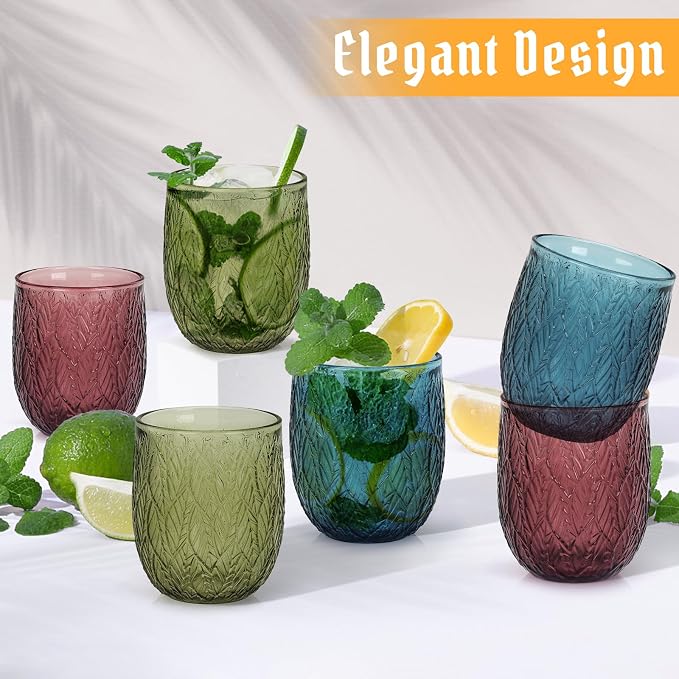 Topsky Vintage Colored Glassware Set of 6,12 oz Green Willow Leaf Drinking Glasses Set,Blue Drinkware Glasses for Wine,Cocktail,juice,Heavy Duty Glass Cups - Image 6