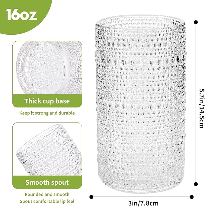 Large Vintage Hobnail Drinking Glasses Set of 6, 16oz Clear Highball Glasses Cups, Kitchen Water Glasses Cup, for Cocktail, Juice, Whiskey, Milk and Various Mixed Drinks - Image 2