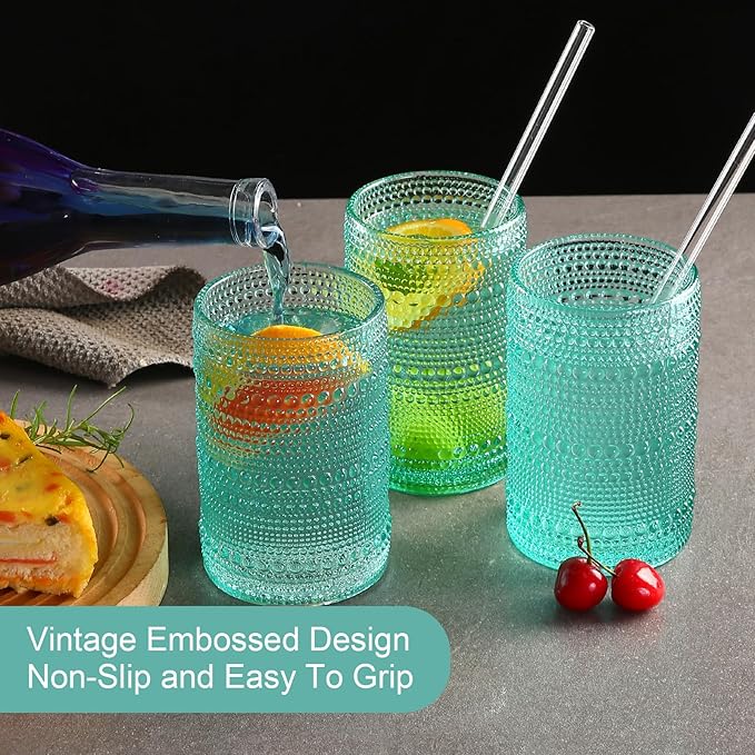ZMOWIPDL Drinking Glasses Set of 6,15 oz Lake Blue Hobnail Glass Cups | Vintage Glassware，Embossed Water Tumbler,for Beer,Cocktail,Whiskey,Juice and Various Mixed Drinks- 1 Cleaning Brush - Image 7