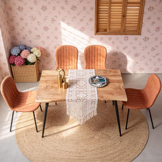 Rectangle Dining Table Set for 4 with Brown PU Leather Chairs | 5-Piece Mid-Century Modern Set, Irregular MDF Table, Wood Grain, Space-Saving for Small Spaces, Dining Rooms, Easy Clean - Image 3