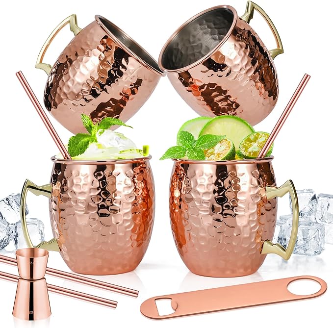 Amrules Moscow Mule Mugs Set of 4, 16 OZ Hammered Copper Cups with 304 Stainless Steel Lining and Gold Brass Handles, Includes Straws, Opener, Jigger, Brush, Fit for Cold Drinks, Bars, Parties by Amrules