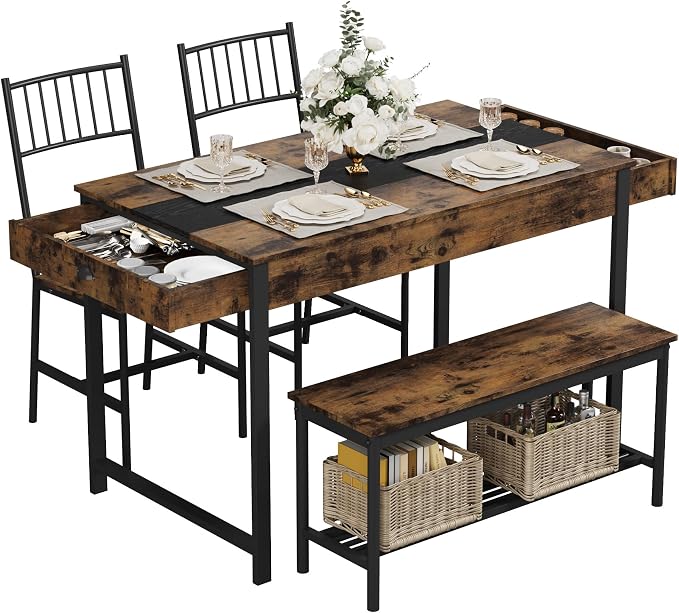 GarveeHome Dining Table Set for 4,Kitchen Table with Bench & 2 Chairs,Retro | Includes Storage Rack & Drawers, Space-Saving，Rectangular Farmhouse Style, Perfect for Breakfast Nook by GarveeHome