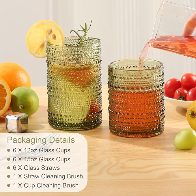 ZMOWIPDL Drinking Glasses Set of 12,Green 12oz & 15oz Hobnail Glass Cups | Vintage Glassware，Embossed Water Tumbler,for Beer,Cocktail,Whiskey,Juice and Various Mixed Drinks- 1 Cleaning Brush - Image 6