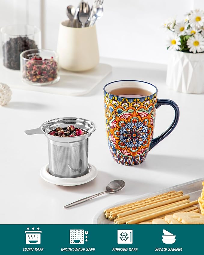 vancasso Ceramic Tea Mug with Infuser and Lid, 18 Ounce Bohemian Loose Leaf Cup, Microwave & Dishwasher Safe, Perfect for Tea, Coffee, Burnt-Cobalt Mandala - Image 4