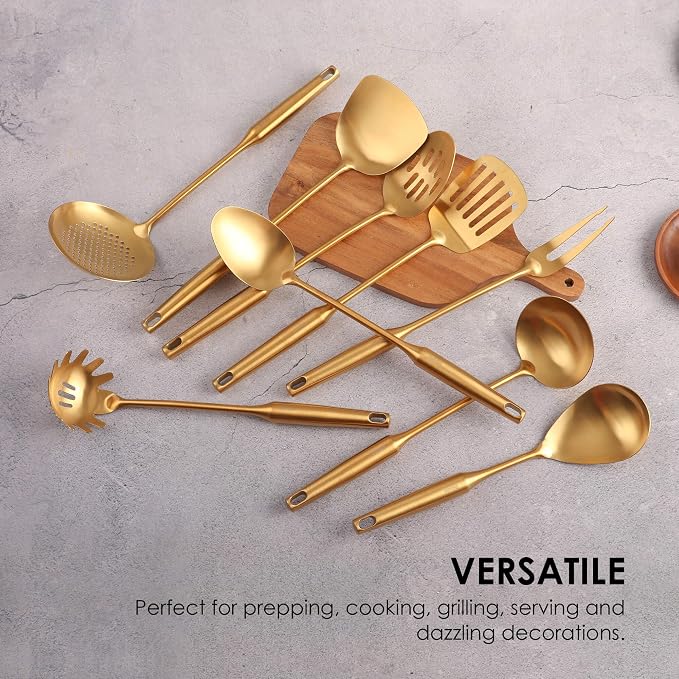 Gold Kitchen Utensils Set - 15" All Metal Cooking Tools Set of 9 | 18/10 Stainless Steel Cooking Utensils - Fork, Solid/Slotted Spoon, Spatula, Ladle, Skimmer, Turner, Pasta Spoon, Large Spoon - Image 6
