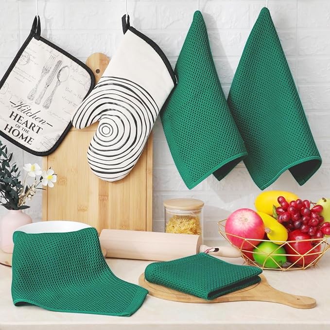 Homaxy 100% Cotton Waffle Weave Kitchen Dish Cloths 8-Pack, Dark Green | 12 x 12 Inches, Ultra Soft Absorbent Dish Towels, Quick Drying Dish Rags with Hanging Loop - Image 6