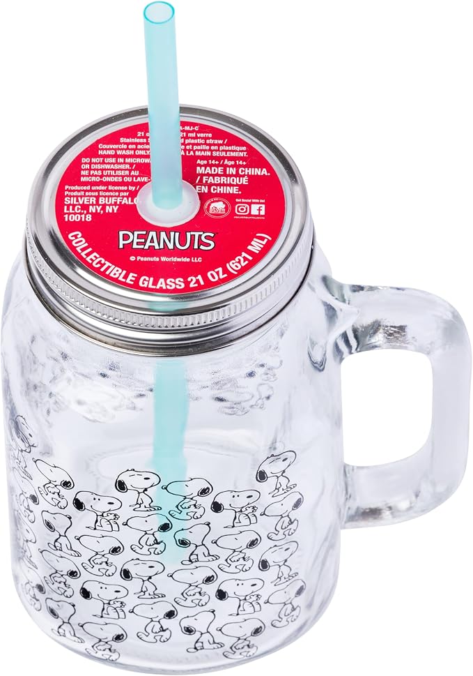 Silver Buffalo Peanuts Snoopy, Glass Mason Jar with Handle and Straw, 21oz | Includes Lid, 0.62 Liters - Image 3