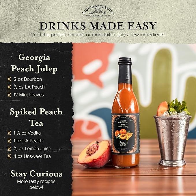 Liquid Alchemist Peach Syrup for Drinks - Real Ingredients Make our Peach Puree for Cocktails a Perfect Bellini Mix - Our Flavored Syrup is Non-GMO & Vegan (12.7 oz)