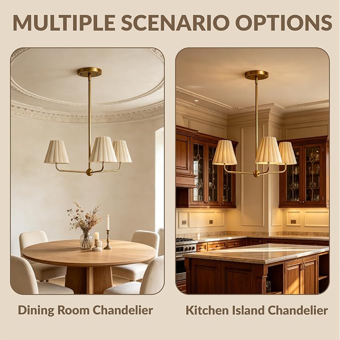 Mid-Century 3-Light Chandelier, Aged Brass & Linen | Natural Ivory Pleated Conical Shades, 120° Equal Arms, Perfect for Kitchen Island, Dining Room, Living Room - Image 3