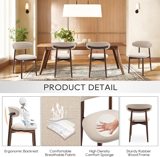 COLAMY Wooden Dining Chairs Set of 2, Modern Fabric Upholstered Kitchen Side Chairs, Farmhouse Dining Room Chair with Foot Pegs, Beige - Image 5