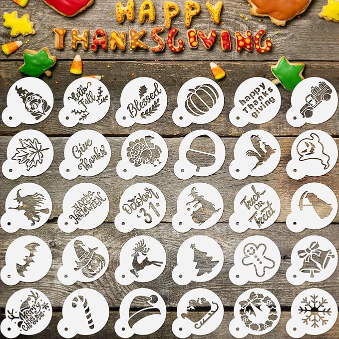 Marspark 30 Pieces Holiday Cookie Coffee Stencils Latte Art Christmas Thanksgiving Halloween Cookie Baking Stencils Templates Decoration for Cake Bread Decor, Reusable Sourdough Painting Mold Tools