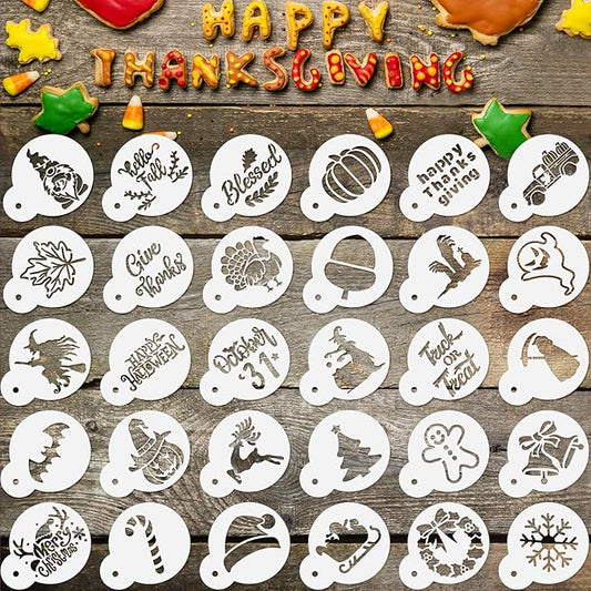 Marspark 30 Pieces Holiday Cookie Coffee Stencils Latte Art Christmas Thanksgiving Halloween Cookie Baking Stencils Templates Decoration for Cake Bread Decor, Reusable Sourdough Painting Mold Tools