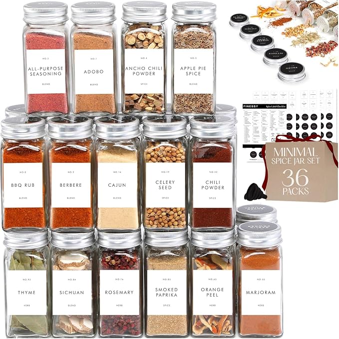 FINESSY Minimalist Spice Jars with Labels, Airtight Metal Lids 4oz 36 Pack | Empty Spice Jars With Sift / Pour Shaker Inserts, Airtight Lids, Waterproof Labels (200 Pre-Printed, 40 Blank) And Funnel by Finessy