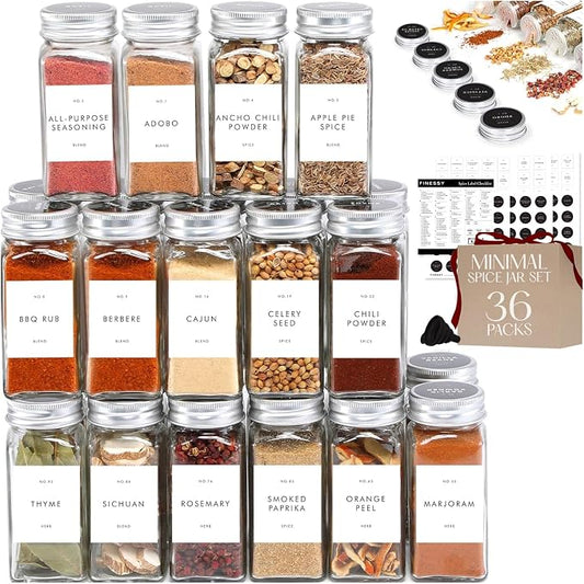 FINESSY Minimalist Spice Jars with Labels, Airtight Metal Lids 4oz 36 Pack | Empty Spice Jars With Sift / Pour Shaker Inserts, Airtight Lids, Waterproof Labels (200 Pre-Printed, 40 Blank) And Funnel by Finessy