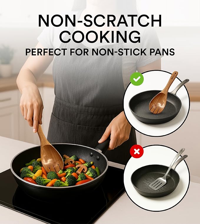 Zalvio 10-Piece Acacia Wood Utensil Set – Handmade Wooden Spoons with Spoon Rest | Heat-Resistant Eco-Friendly Cooking Tools for Nonstick Cookware
