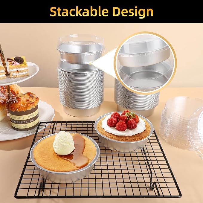 Beasea Mini Pie Pans with Lids, 120 Pack 4 Inch 8oz Disposable Mini Cake Pans Creme Brulee Aluminum Foil Pie Tart Ramekins Tins Silver Small Individual Round Containers Oven Safe for Baking - Image 5