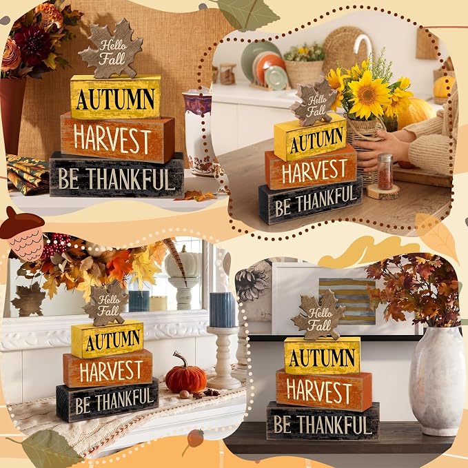 Moucuny 4 Pcs Fall Decor Wooden Maple Leaf Decoration Thanksgiving Tiered Tray Decor Rustic Wooden Maple Leaf Block Sign Thanksgiving Table Centerpiece Farmhouse for Autumn Harvest Party Kitchen Home - Image 5