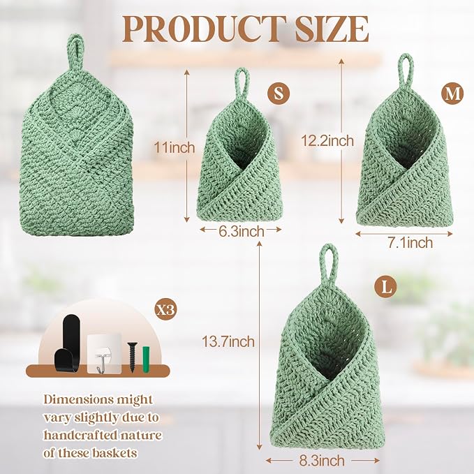 Honeydak Boho Decor Hanging Wall Baskets for Kitchen 3 Pack Teardrop Baskets with Hooks Storage Fruit Onion Vegetable Potato for Home 3 Sizes(Sage Green,Triangle,Cotton Rope) - Image 2