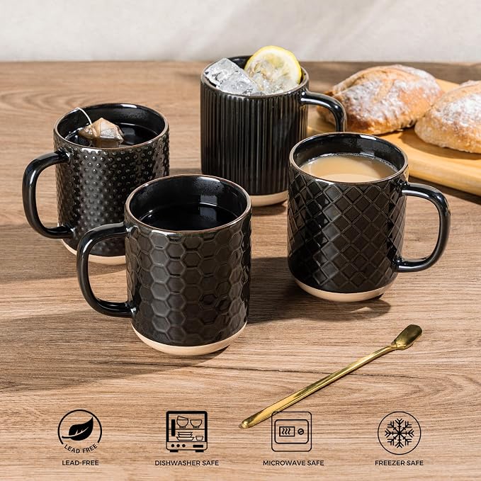 GBhome Coffee Mugs Set of 4, 12oz Handmade Stoneware Coffee Mugs Set with Large Handle for Cappuccino/Latte/Tea/Hot Cocoa, Dishwasher & Microwave Safe, Black - Image 5